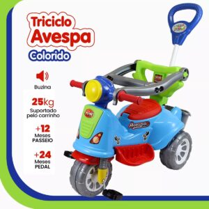 Triciclo Infantil De Pedal 2 Em 1 Motoca Avespa Colorido – Maral 3168