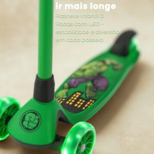 Patinete Infantil 3 Rodas Marvel Avengers – LED, Altura Ajustavel, 3+ Hulk