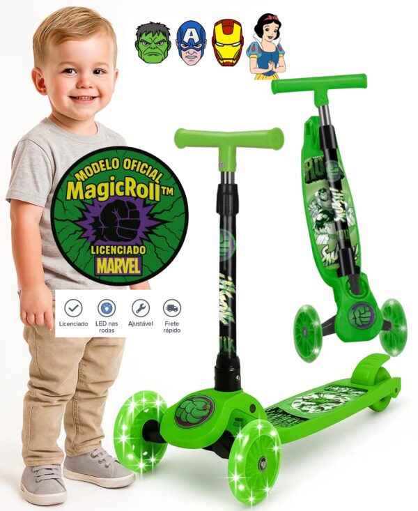 Patinete Infantil 3 Rodas Marvel Avengers – LED, Altura Ajustavel, 3+ Hulk