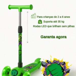 Patinete Infantil 3 Rodas Marvel Avengers – LED, Altura Ajustavel, 3+ Hulk