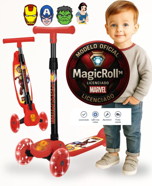 Patinete Infantil 3 Rodas Marvel Avengers – LED, Altura Ajustavel, 3+ Homem de Ferro