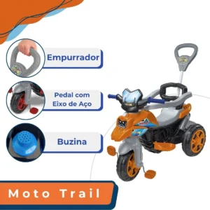 Andador Infantil Triciclo Moto Trail Maral Com Empurrador Laranja