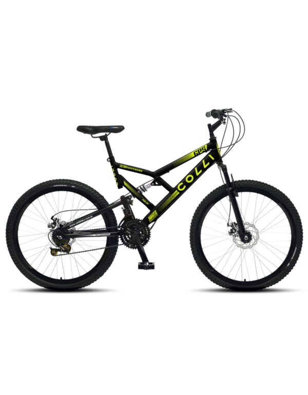 Bicicleta Aro 26 Colli 21v EXCLUSIVA Gps Freio A Disco E Suspensão – Preto Fosco/ Amarelo Neon