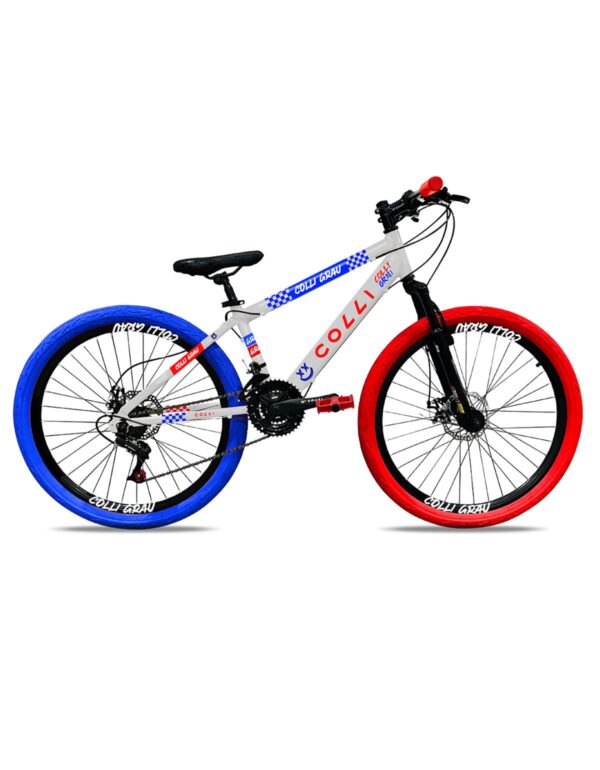 Bicicleta Aro 26 Colli Grau 21V Freio A Disco E Suspensão – Branco com Vermelho/Azul