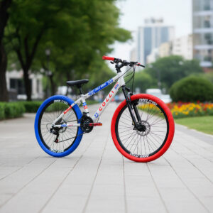 Bicicleta Aro 26 Colli Grau 21V Freio A Disco E Suspensão – Branco com Vermelho/Azul