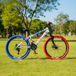 Bicicleta Aro 26 Colli Grau 21V Freio A Disco E Suspensão – Branco com Vermelho/Azul