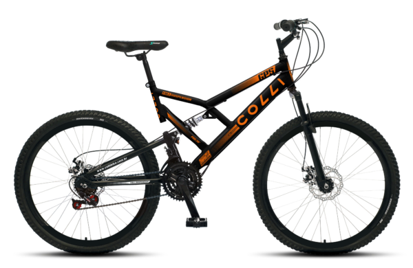 Bicicleta Aro 26 Colli 21v EXCLUSIVA Gps Freio A Disco E Suspensão – Preto Fosco/Laranja Neon