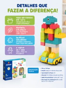 Blocos De Montar, Encaixe, Macio, Infantil 86 Peças Xalingo